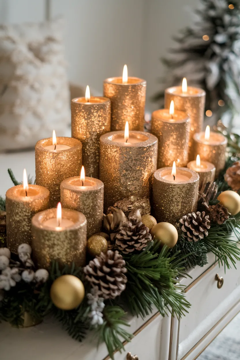 16. Glittering Gold Candle Arrangement