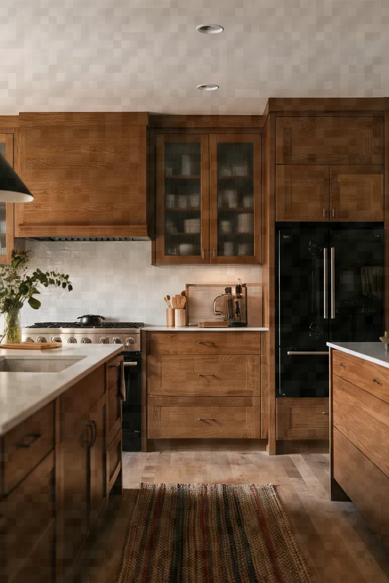 12. Warm Oak Kitchen Cabinets with Black Appliances