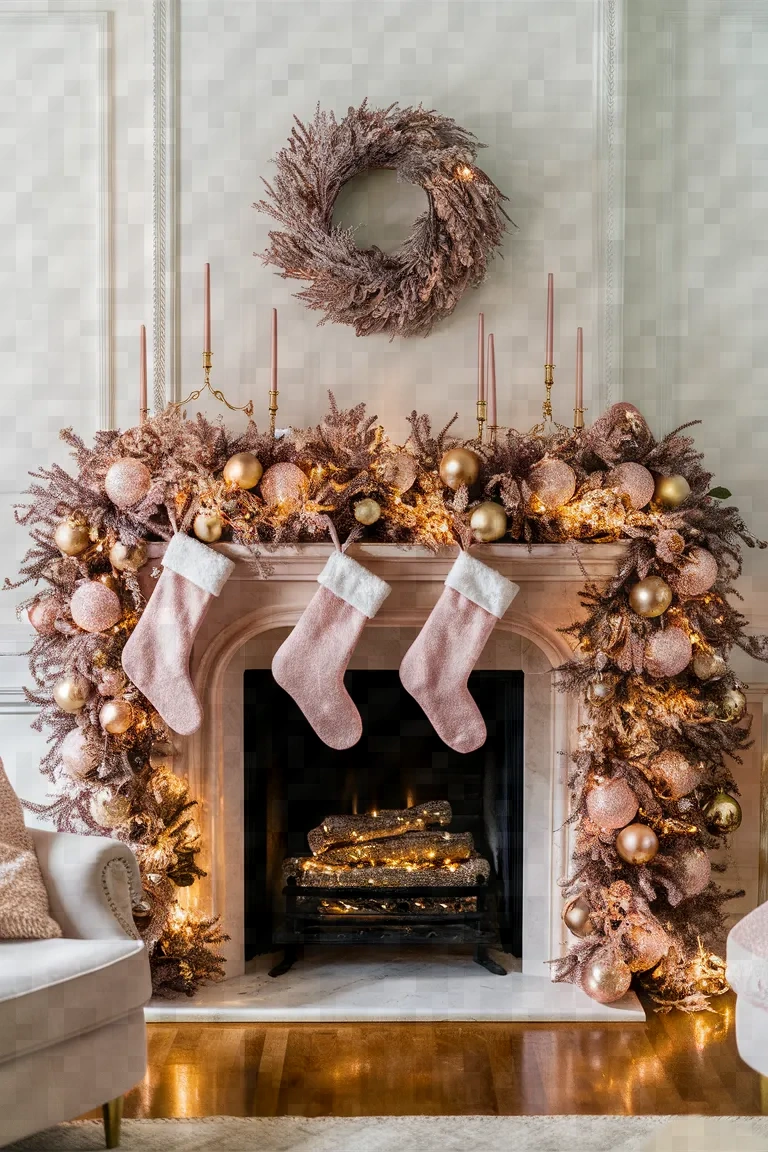 13. Blush Pink and Gold Fireplace Finesse