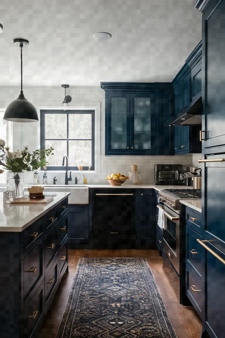 13. Navy Blue Kitchen Cabinets with Black Appliances