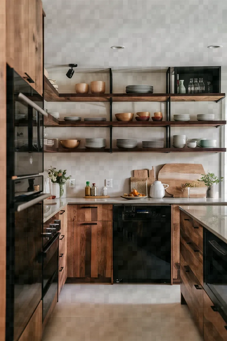 14. Open Shelving Kitchen Cabinets with Black Appliances