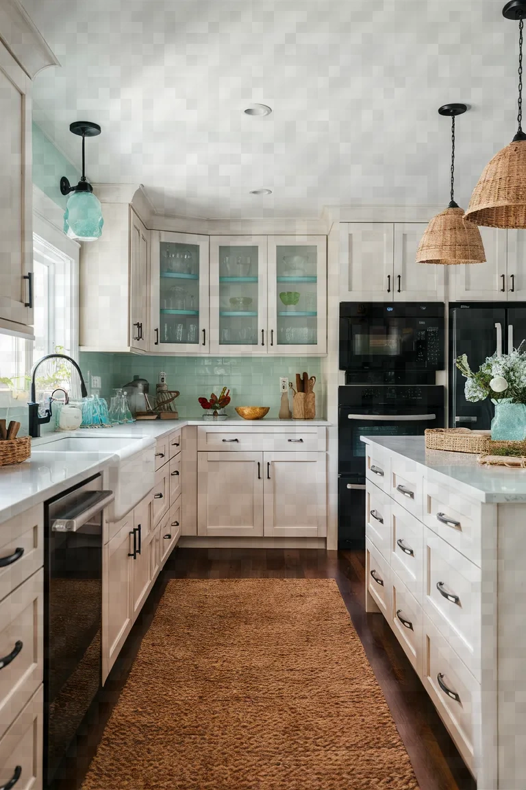 16. Coastal Style Kitchen Cabinets with Black Appliances