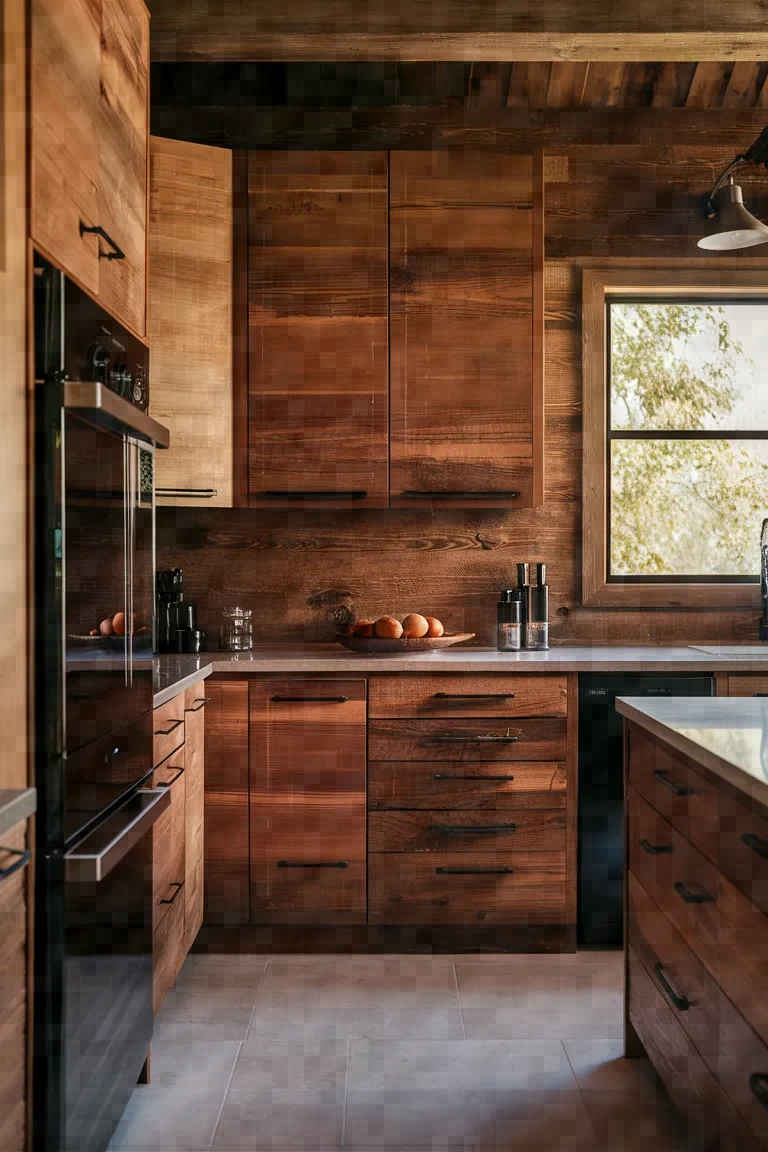 2. Rustic Wood Kitchen Cabinets with Black Appliances