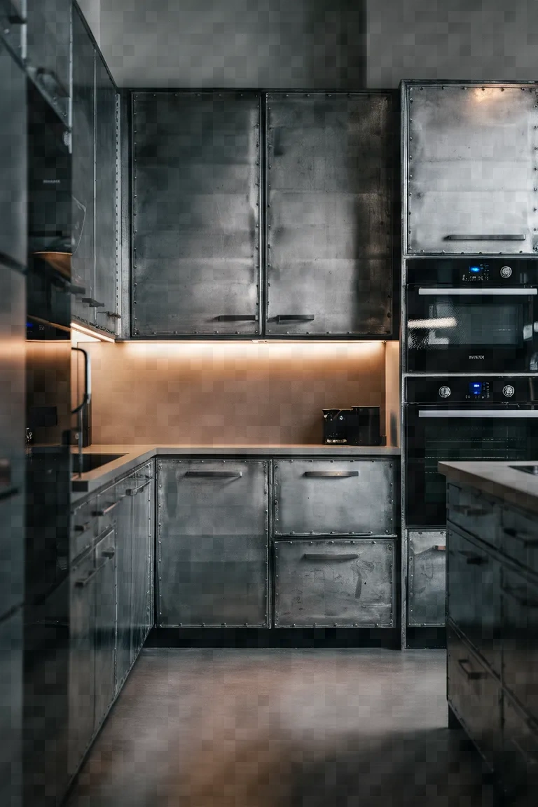 4. Industrial Metal Kitchen Cabinets with Black Appliances