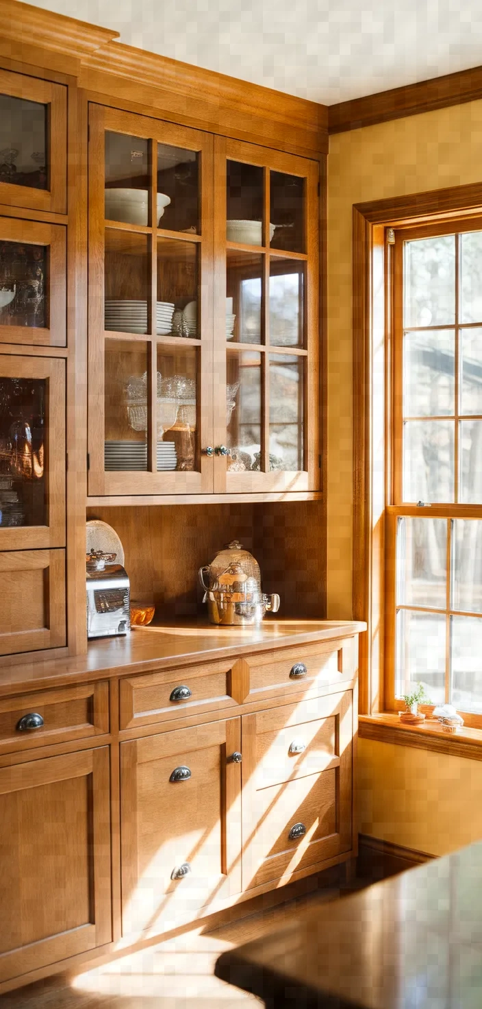16. Glass-Front Honey Oak Cabinets