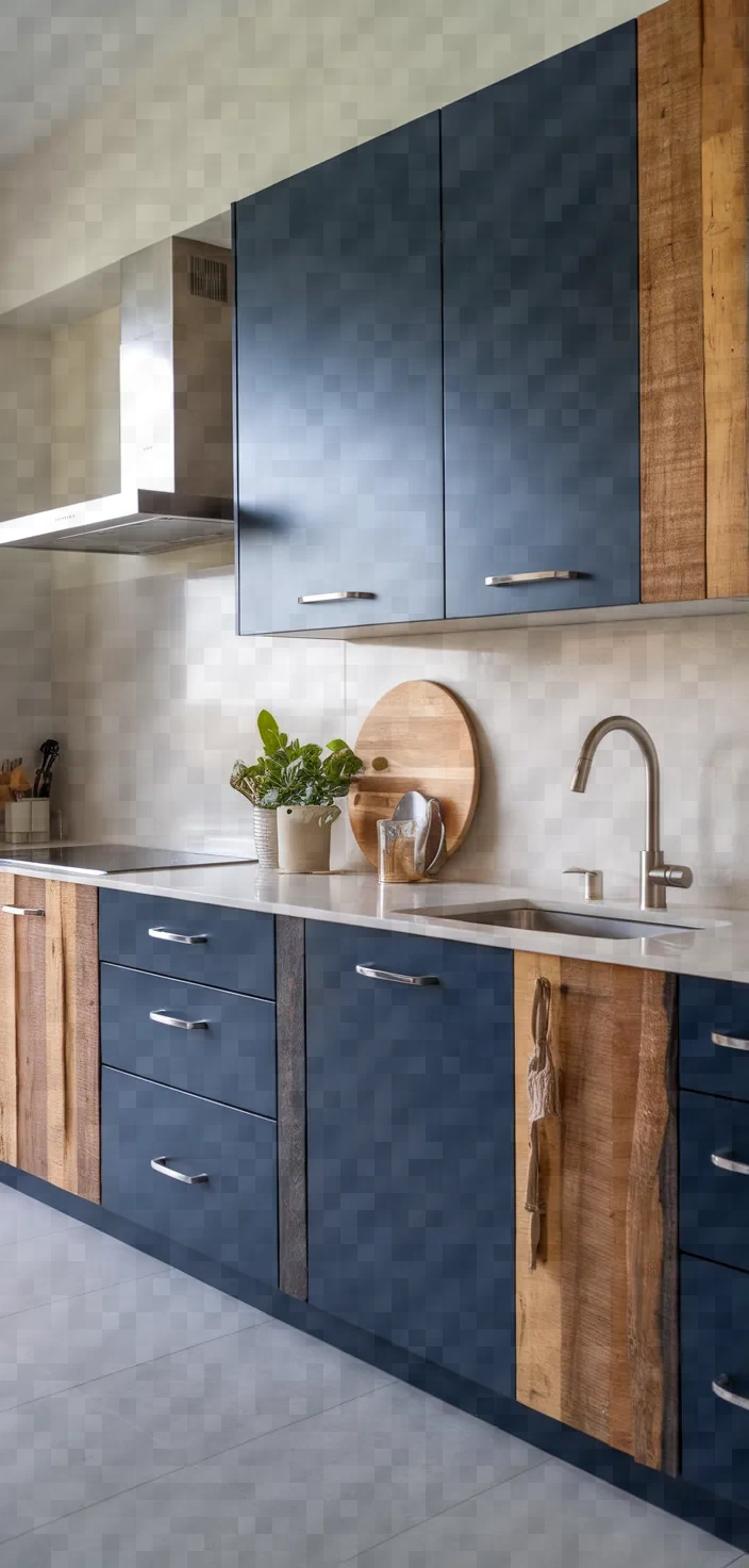 16. Reclaimed Wood Navy Blue Cabinets