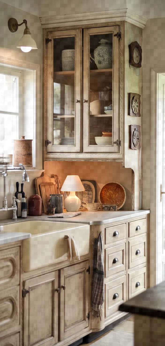 17. Beige Distressed Finish Cabinets