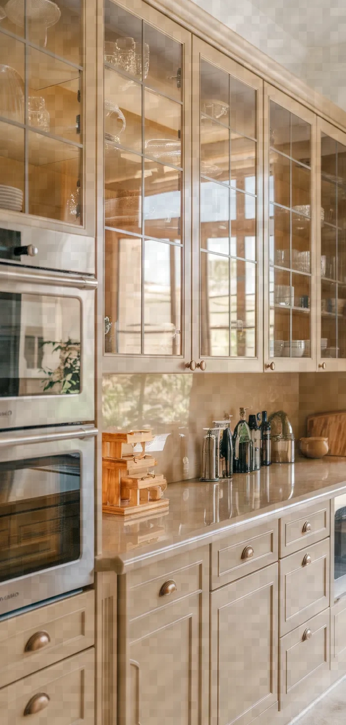 18. Beige Glass Front Cabinets