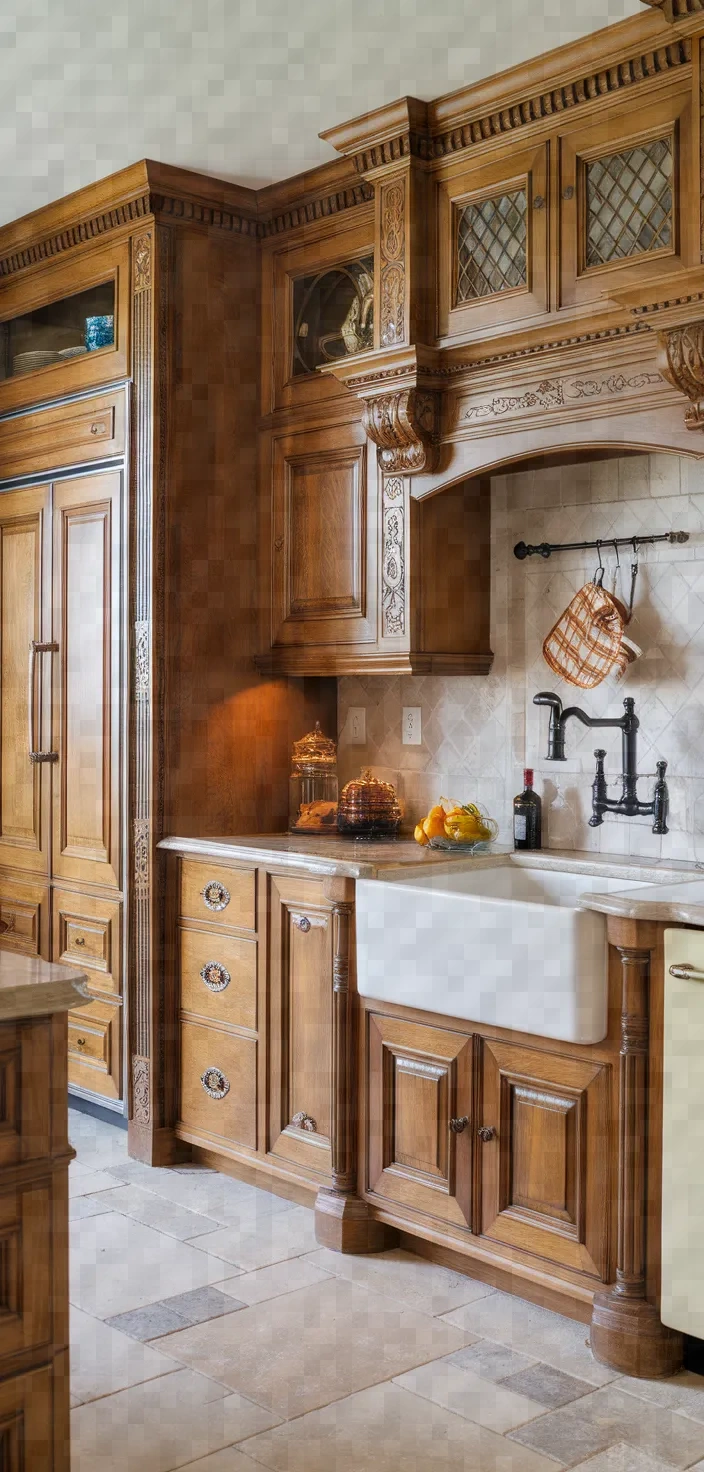 19. Custom Carved Honey Oak Cabinets