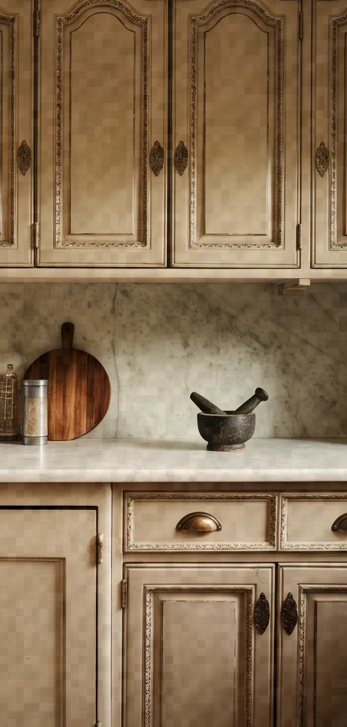 2. Antique Glaze Beige Cabinets