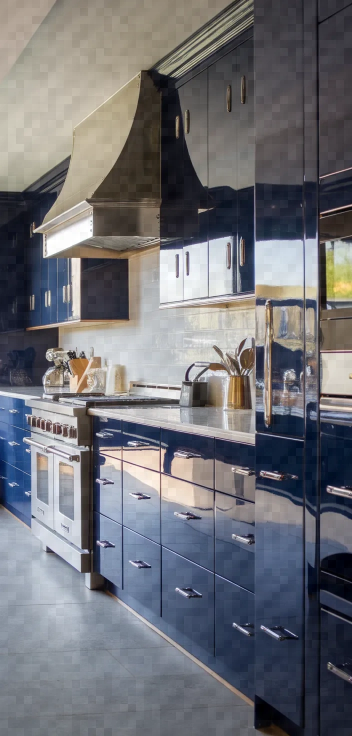 2. Glossy Navy Blue Cabinets