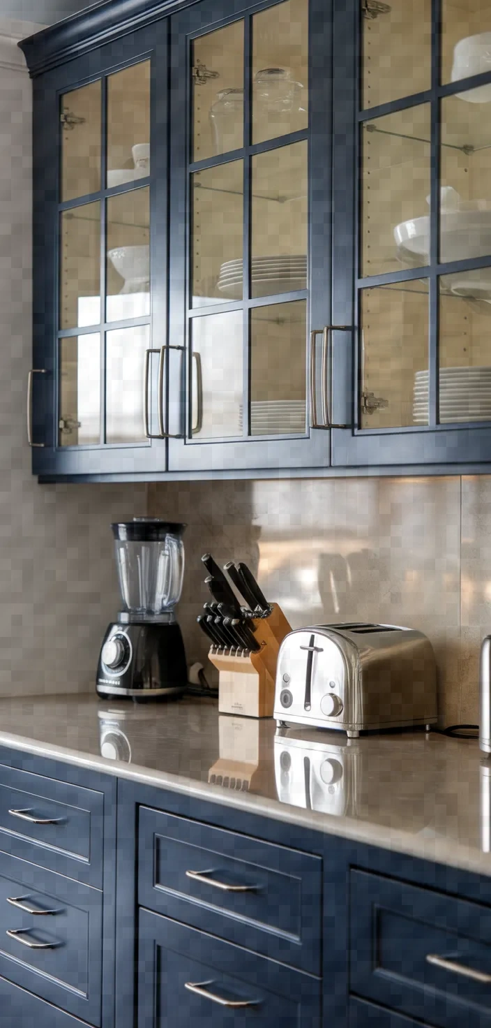 24. Glass Front Navy Blue Cabinets