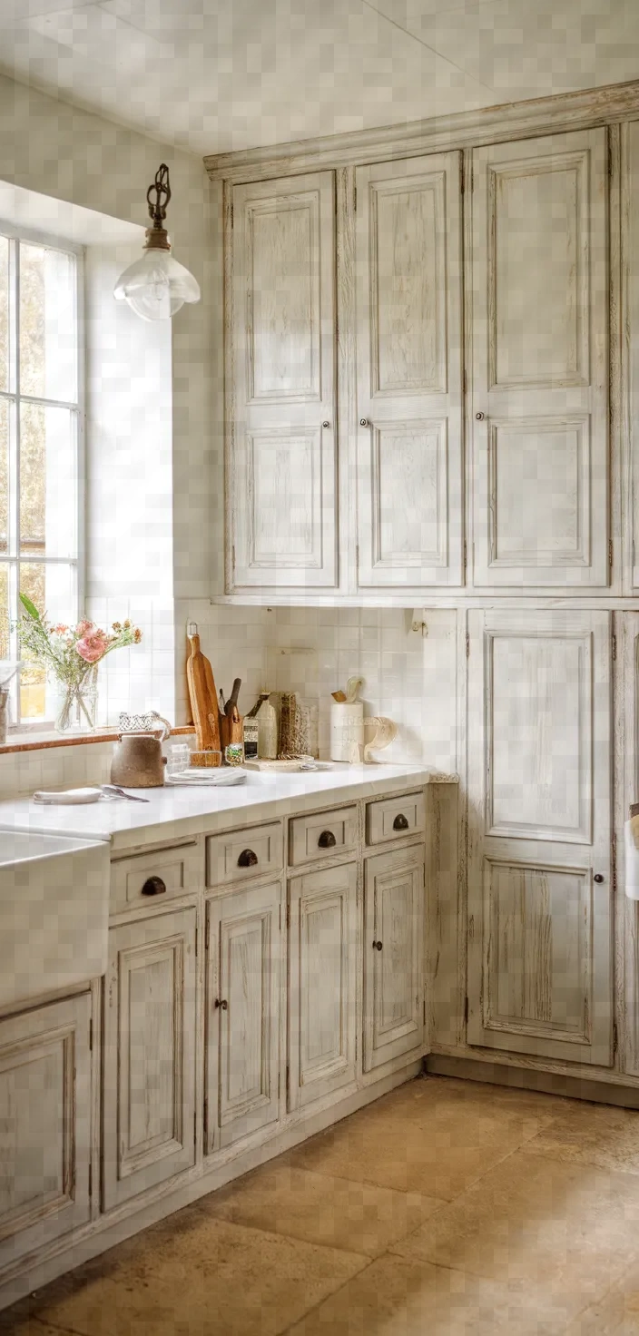 6. Distressed Antique White Cabinets